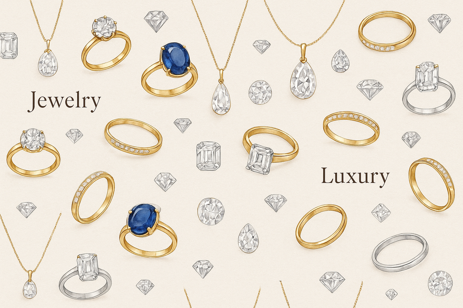 create an classy artsy graphic with diamonds, rings, necklaces, bracelets, fine jewelry only, make it a repeat pattern all over but tasteful